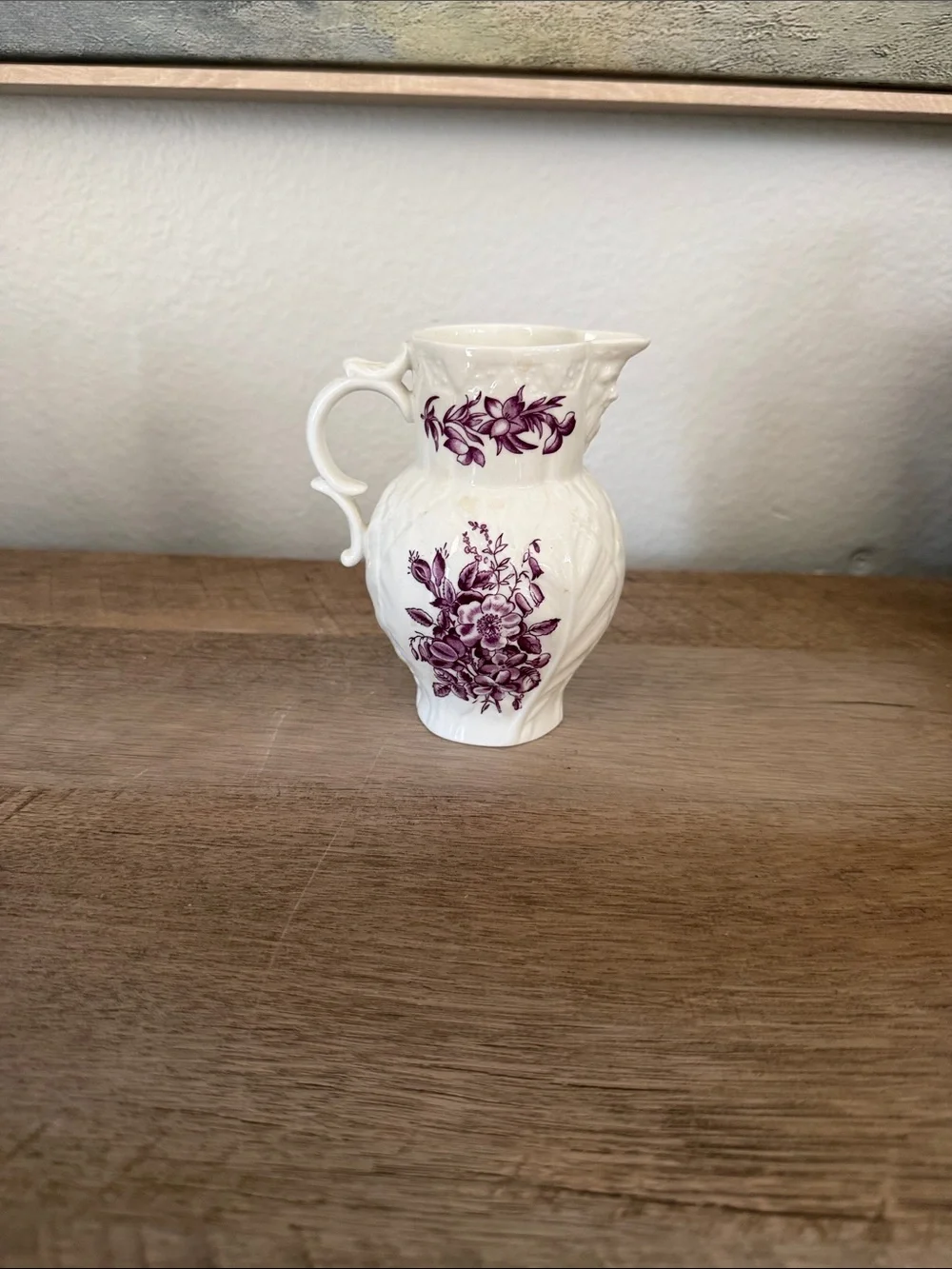 Classic White Small Ceramic Pitcher with Purple Floral Motif